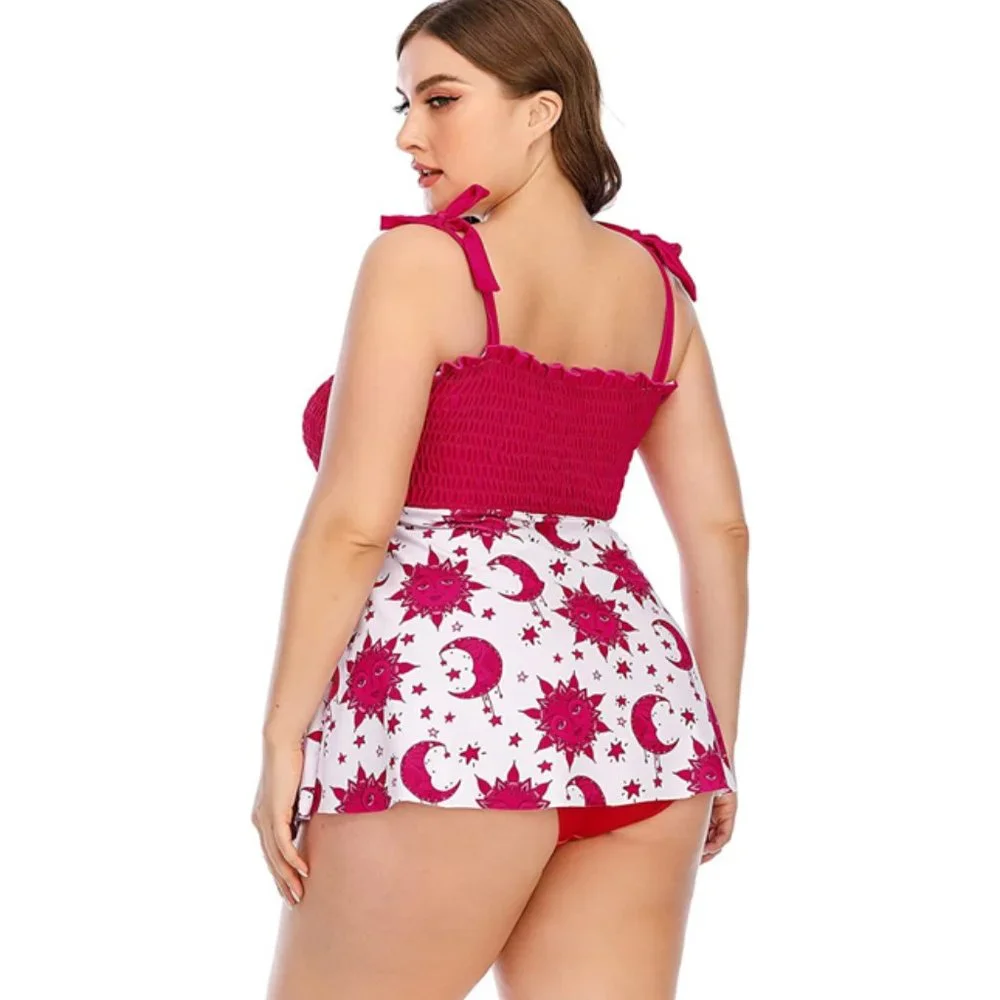 Tankini Swimsuit Dress Sun & Moon Red White Tie Straps Stretchy Removable Pads L